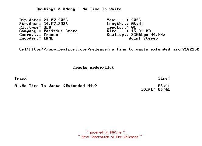 NFO for the release Darkingz_And_XMeng_-_No_Time_To_Waste-(PS109)-SINGLE-WEB-2026-FMC by FMC