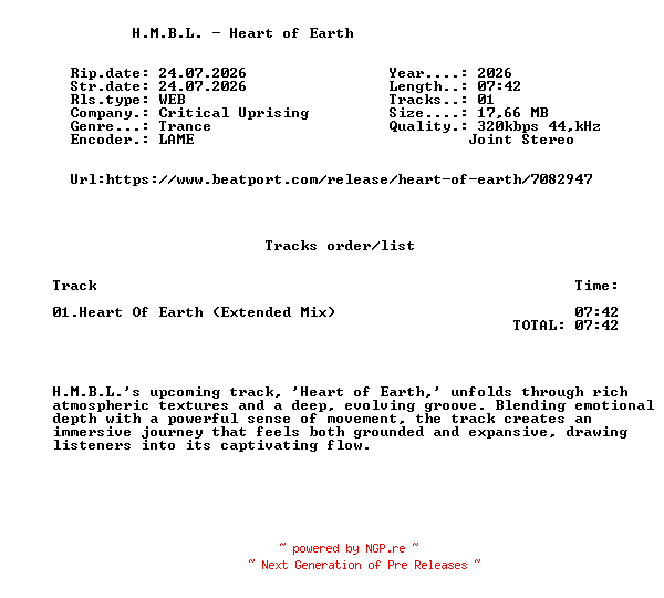 NFO for the release H.M.B.L._-_Heart_Of_Earth-(CSR775)-SINGLE-WEB-2026-FMC by FMC