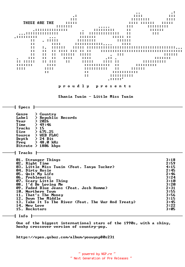 NFO for the release Shania_Twain-Little_Miss_Twain-24BIT-WEB-FLAC-2026-TiMES by TiMES