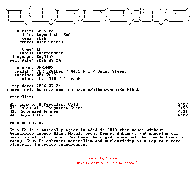 NFO for the release Crux_EX-Beyond_the_End-EP-WEB-2026-BLEEDiNG by BLEEDiNG