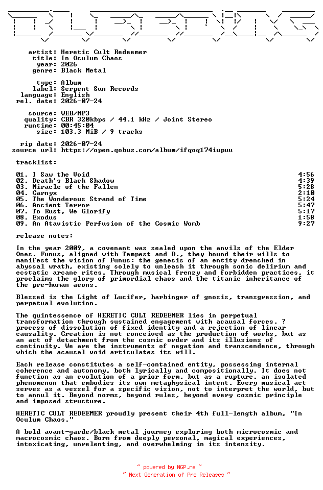 NFO for the release Heretic_Cult_Redeemer-In_Oculum_Chaos-WEB-2026-BLEEDiNG by BLEEDiNG