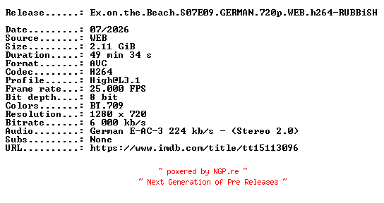 NFO for the release Ex.on.the.Beach.S07E09.GERMAN.720p.WEB.h264-RUBBiSH by RUBBiSH