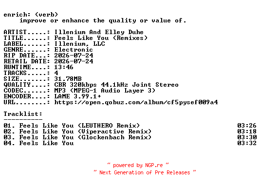 NFO for the release Illenium_And_Elley_Duhe-Feels_Like_You_(Remixes)-EP-WEB-2026-ENRiCH by ENRiCH