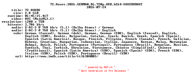NFO for the release 72.Hours.2026.GERMAN.DL.720p.WEB.h264-SAUERKRAUT by SAUERKRAUT