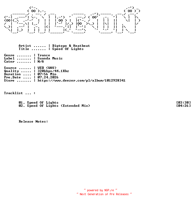 NFO for the release Bigtopo_And_Heatbeat-Speed_Of_Lights-WEB-2026-FALCON by FALCON