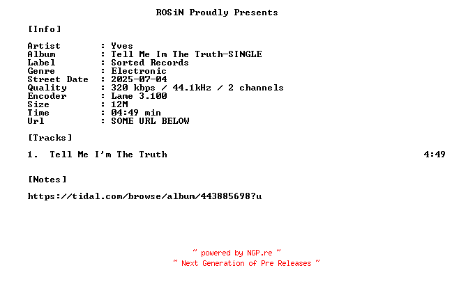 NFO for the release Yves-Tell_Me_Im_The_Truth-SINGLE-WEB-2025-ROSiN by ROSiN