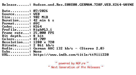 NFO for the release Hudson.und.Rex.S08E08.GERMAN.720P.WEB.X264-WAYNE by WAYNE