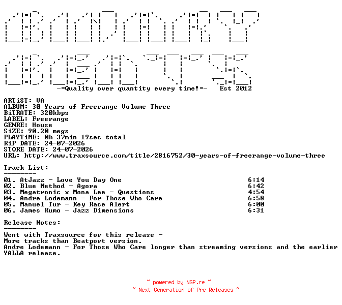 NFO for the release VA-30_Years_Of_Freerange_Volume_Three-(FRD318)-READNFO-WEB-2026-BB by BB