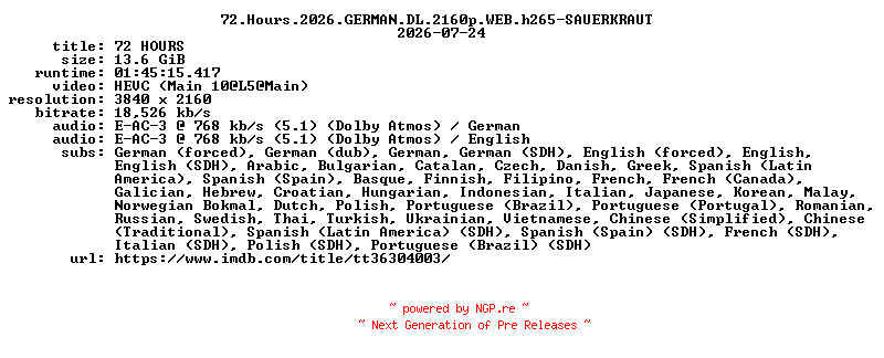 NFO for the release 72.Hours.2026.GERMAN.DL.2160p.WEB.h265-SAUERKRAUT by SAUERKRAUT