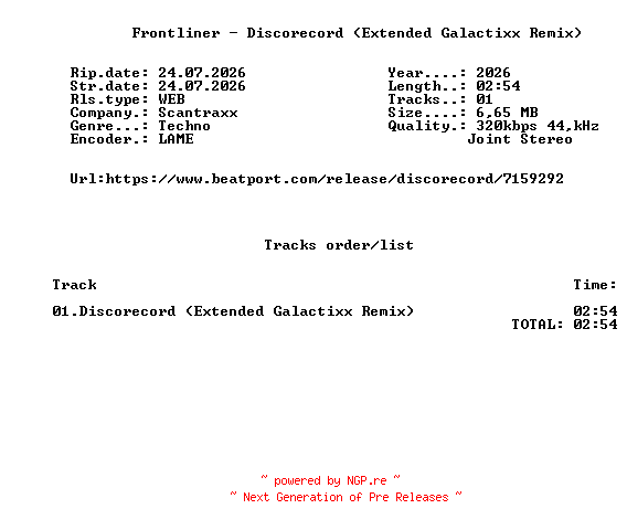 NFO for the release Frontliner_-_Discorecord_(Extended_Galactixx_Remix)-(SCAN714D)-SINGLE-WEB-2026-FMC by FMC