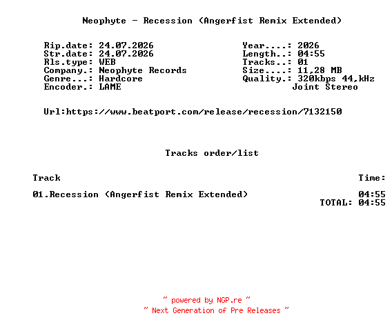 NFO for the release Neophyte_-_Recession_(Angerfist_Remix_Extended)-(NEO373)-SINGLE-WEB-2026-FMC by FMC
