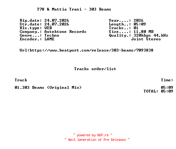NFO for the release T78_And_Mattia_Trani_-_303_Beams-(ATK215)-SINGLE-WEB-2026-FMC by FMC