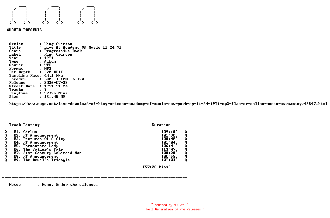 NFO for the release King_Crimson-Live_At_Academy_Of_Music_11_24_71-WEB-1971-QUAVER by QUAVER