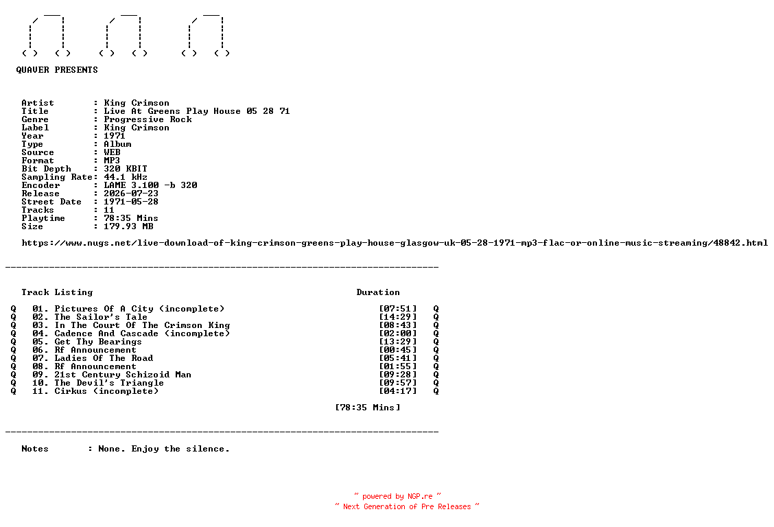 NFO for the release King_Crimson-Live_At_Greens_Play_House_05_28_71-WEB-1971-QUAVER by QUAVER