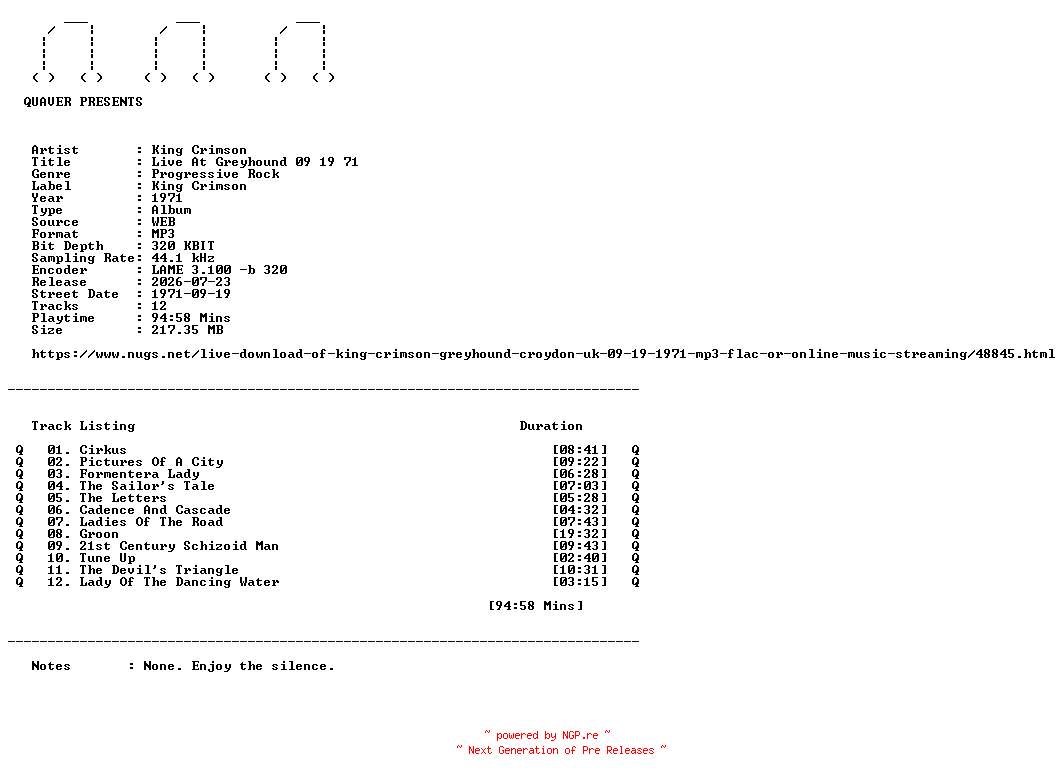 NFO for the release King_Crimson-Live_At_Greyhound_09_19_71-WEB-1971-QUAVER by QUAVER