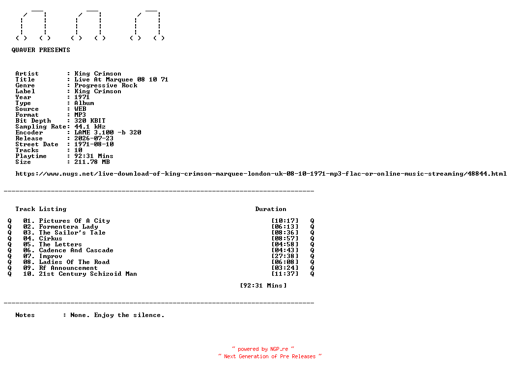 NFO for the release King_Crimson-Live_At_Marquee_08_10_71-WEB-1971-QUAVER by QUAVER
