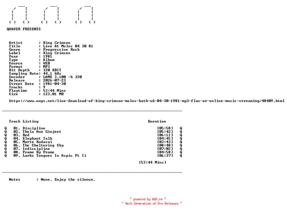 NFO for the release King_Crimson-Live_At_Moles_04_30_81-WEB-1981-QUAVER by QUAVER