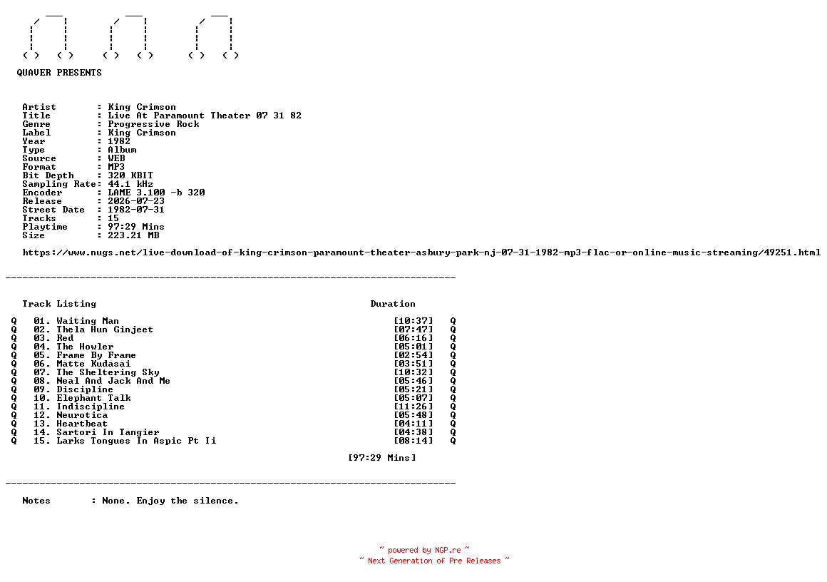 NFO for the release King_Crimson-Live_At_Paramount_Theater_07_31_82-WEB-1982-QUAVER by QUAVER