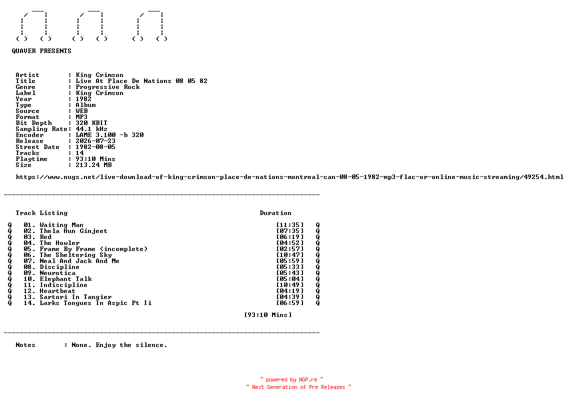 NFO for the release King_Crimson-Live_At_Place_De_Nations_08_05_82-WEB-1982-QUAVER by QUAVER