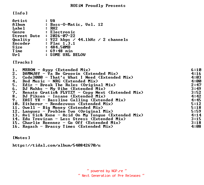 NFO for the release VA-Bass-O-Matic_Vol._12-16BIT-WEB-FLAC-2026-ROSiN by ROSiN