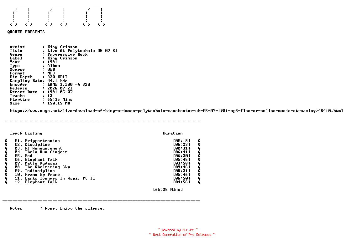 NFO for the release King_Crimson-Live_At_Polytechnic_05_07_81-WEB-1981-QUAVER by QUAVER