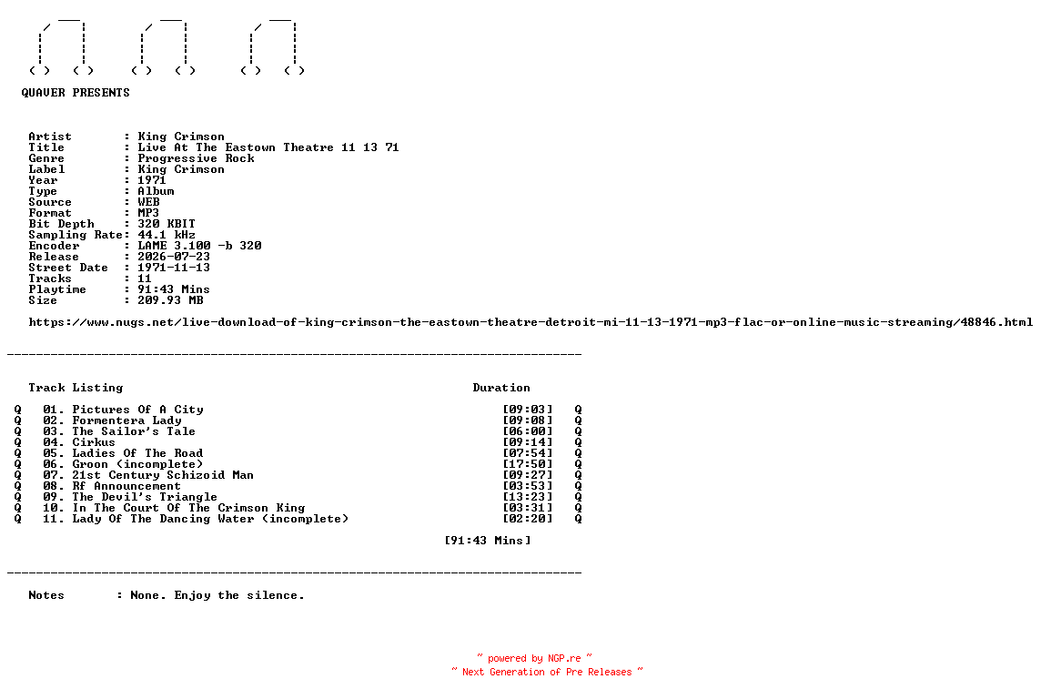 NFO for the release King_Crimson-Live_At_The_Eastown_Theatre_11_13_71-WEB-1971-QUAVER by QUAVER