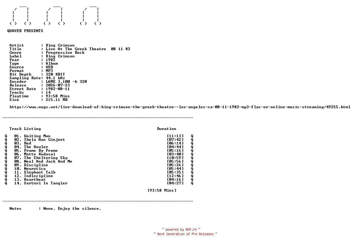 NFO for the release King_Crimson-Live_At_The_Greek_Theatre__08_11_82-WEB-1982-QUAVER by QUAVER