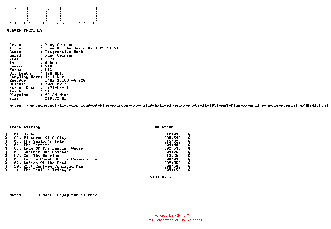 NFO for the release King_Crimson-Live_At_The_Guild_Hall_05_11_71-WEB-1971-QUAVER by QUAVER