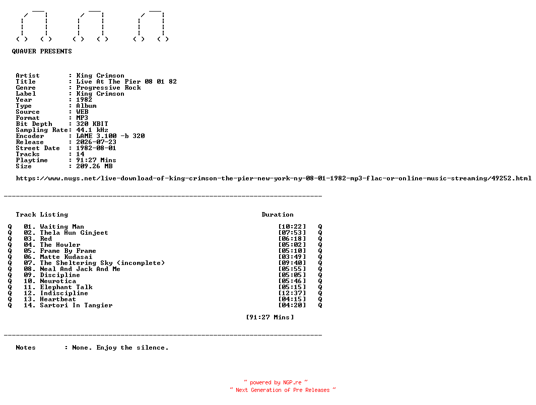 NFO for the release King_Crimson-Live_At_The_Pier_08_01_82-WEB-1982-QUAVER by QUAVER