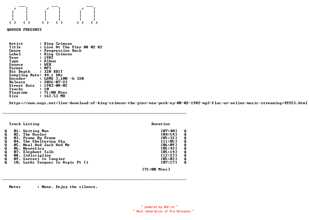 NFO for the release King_Crimson-Live_At_The_Pier_08_02_82-WEB-1982-QUAVER by QUAVER