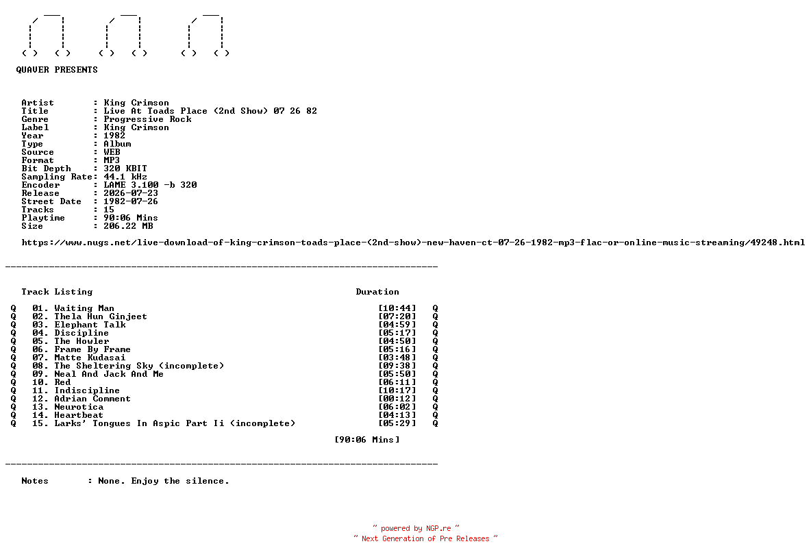 NFO for the release King_Crimson-Live_At_Toads_Place_(2nd_Show)_07_26_82-WEB-1982-QUAVER by QUAVER