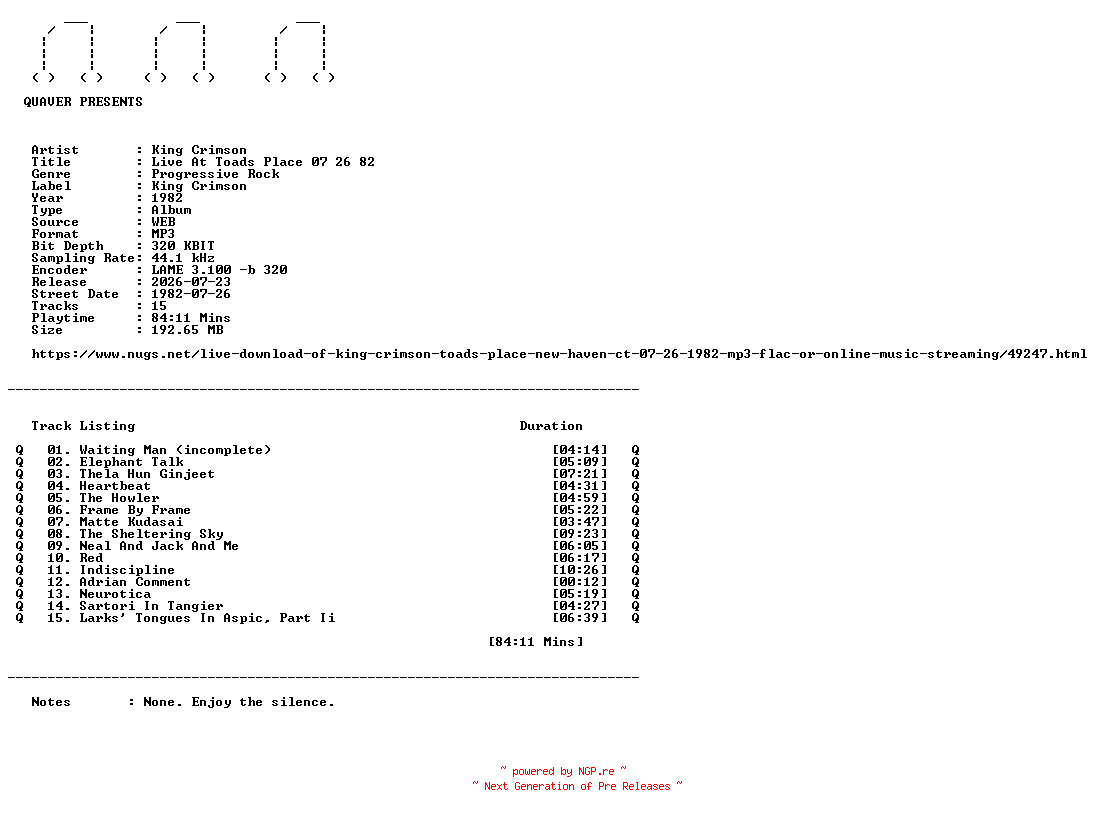NFO for the release King_Crimson-Live_At_Toads_Place_07_26_82-WEB-1982-QUAVER by QUAVER