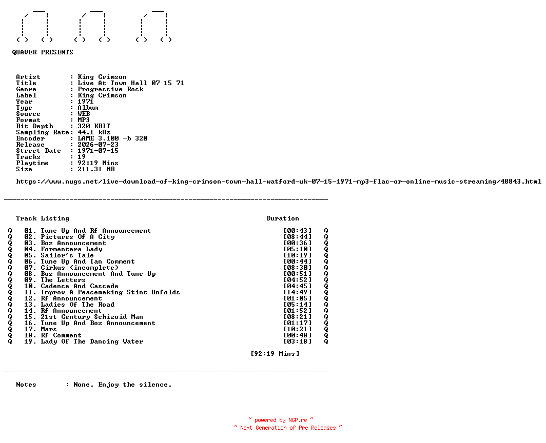 NFO for the release King_Crimson-Live_At_Town_Hall_07_15_71-WEB-1971-QUAVER by QUAVER
