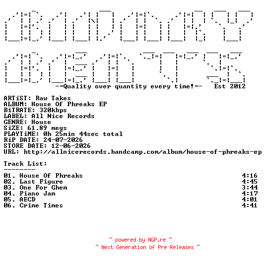NFO for the release Raw_Takes-House_Of_Phreaks_EP-(NICE006)-WEB-2026-BB by BB