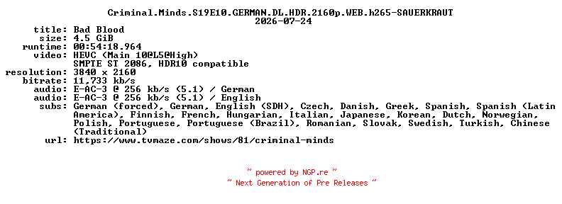 NFO for the release Criminal.Minds.S19E10.GERMAN.DL.HDR.2160p.WEB.h265-SAUERKRAUT by SAUERKRAUT