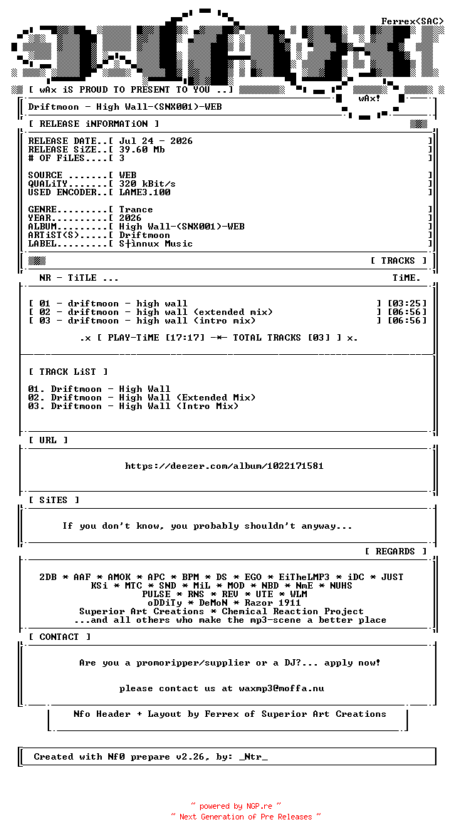 NFO for the release Driftmoon-High_Wall-(SNX001)-WEB-2026-wAx by wAx