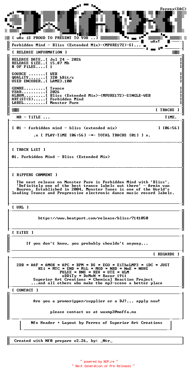 NFO for the release Forbidden_Mind-Bliss_(Extended_Mix)-(MPURE172)-SINGLE-WEB-2026-wAx by wAx