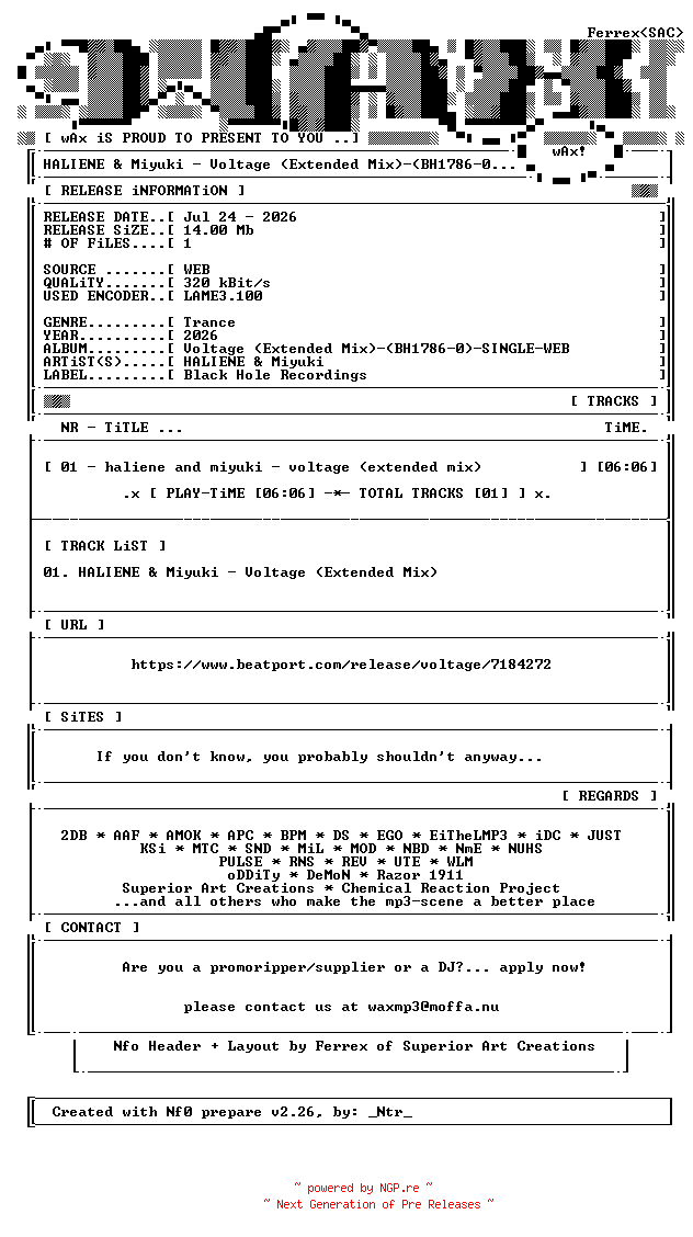 NFO for the release HALIENE_and_Miyuki-Voltage_(Extended_Mix)-(BH1786-0)-SINGLE-WEB-2026-wAx by wAx