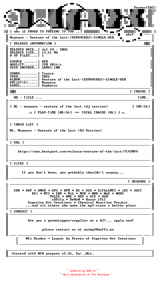 NFO for the release Maywave-Venture_of_the_Lost-(EUPH458DJ)-SINGLE-WEB-2026-wAx by wAx