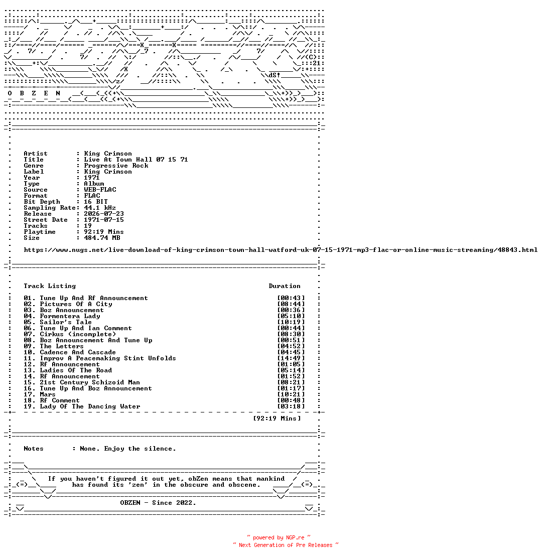 NFO for the release King_Crimson-Live_At_Town_Hall_07_15_71-16BIT-WEB-FLAC-1971-OBZEN by OBZEN