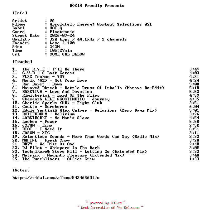 NFO for the release VA-Absolutely_Energy_Workout_Selections_051-WEB-2026-ROSiN by ROSiN