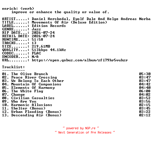 NFO for the release Daniel_Herskedal_Eyolf_Dale_And_Helge_Andreas_Norbakken-Movements_Of_Air_(Deluxe_Edition)-16BIT-WEB-FLAC-2026-ENRiCH by ENRiCH