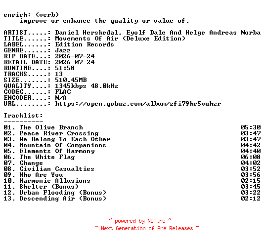 NFO for the release Daniel_Herskedal_Eyolf_Dale_And_Helge_Andreas_Norbakken-Movements_Of_Air_(Deluxe_Edition)-24BIT-WEB-FLAC-2026-ENRiCH by ENRiCH