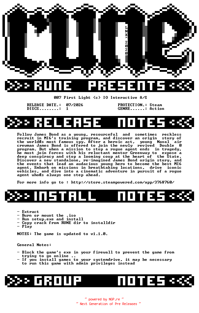 NFO for the release 007.First.Light-RUNE by RUNE