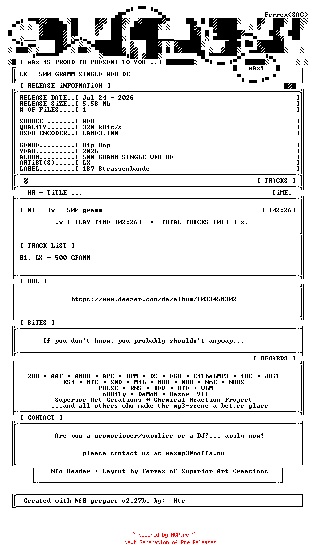 NFO for the release LX-500_GRAMM-SINGLE-WEB-DE-2026-wAx by wAx