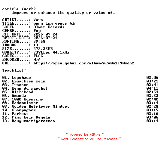 NFO for the release Yara-wenn_ich_gross_bin-DE-16BIT-WEB-FLAC-2026-ENRiCH by ENRiCH
