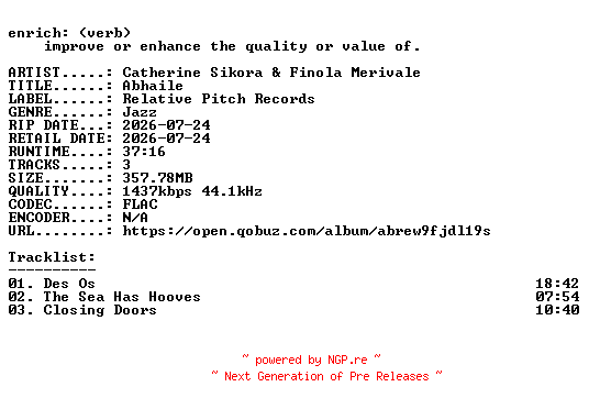 NFO for the release Catherine_Sikora_and_Finola_Merivale-Abhaile-24BIT-WEB-FLAC-2026-ENRiCH by ENRiCH