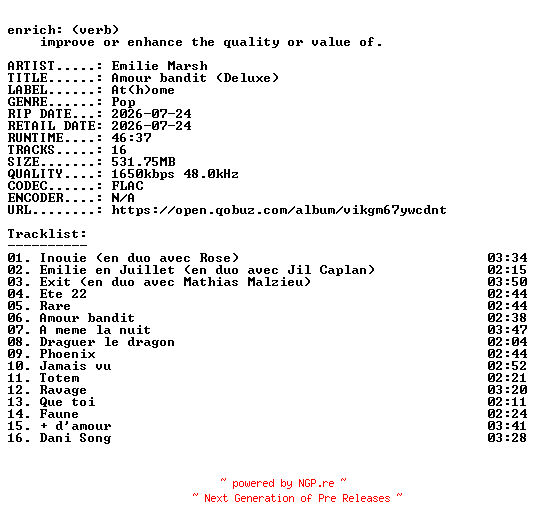NFO for the release Emilie_Marsh-Amour_bandit_(Deluxe)-FR-24BIT-WEB-FLAC-2026-ENRiCH by ENRiCH