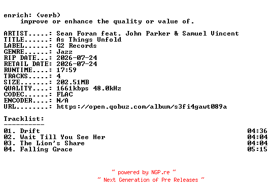 NFO for the release Sean_Foran_feat._John_Parker_and_Samuel_Vincent-As_Things_Unfold-EP-24BIT-WEB-FLAC-2026-ENRiCH by ENRiCH