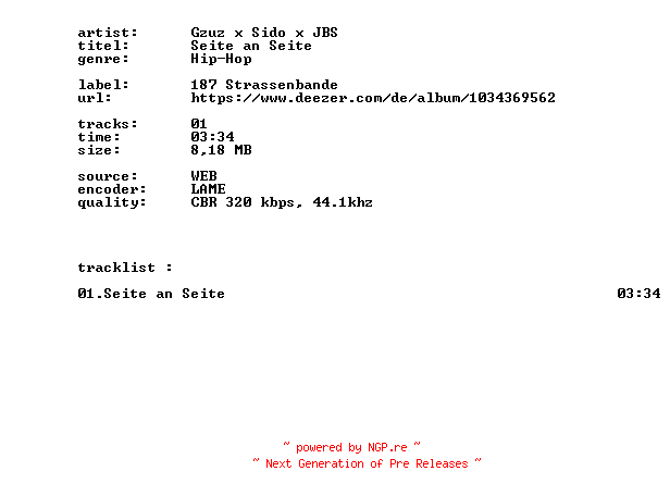 NFO for the release Gzuz_X_Sido_X_JBS_-_Seite_An_Seite-SINGLE-WEB-DE-2026-BITCOINS by BITCOINS